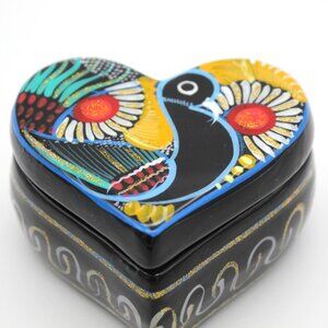 Tonala Bird on Heart Trinket Box Mexico Terracotta Hand Painted Floral Flowers